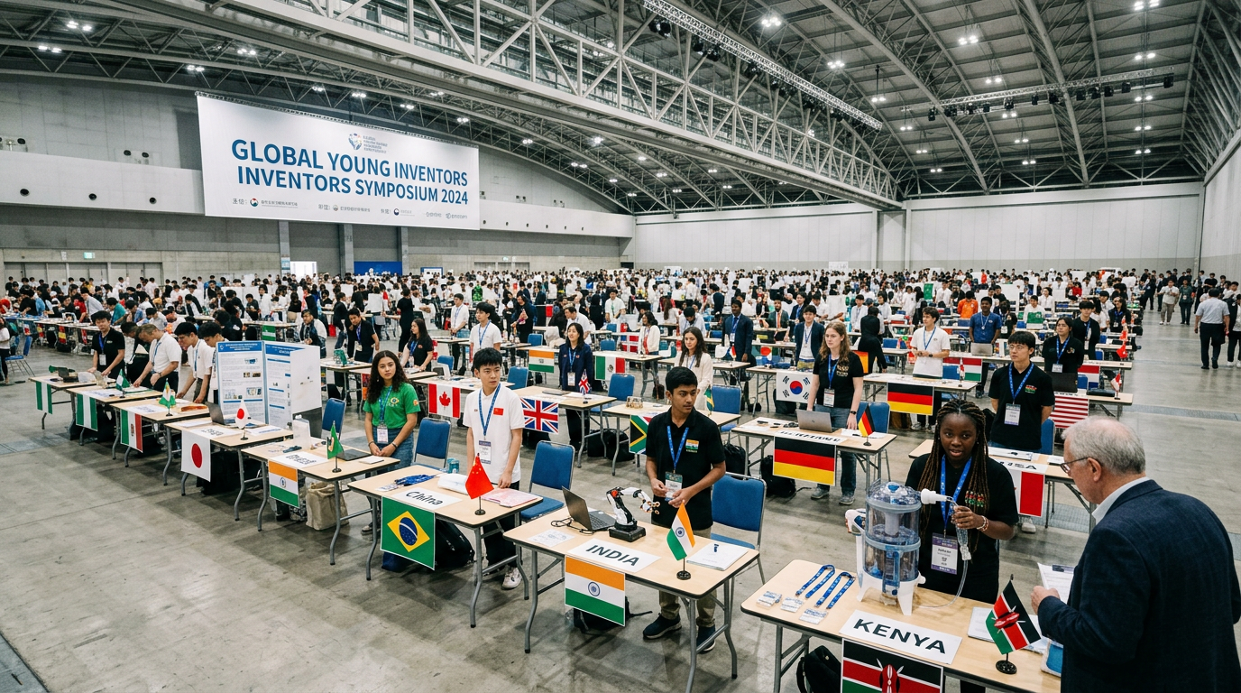 International competition hall with national flags and diverse student inventors